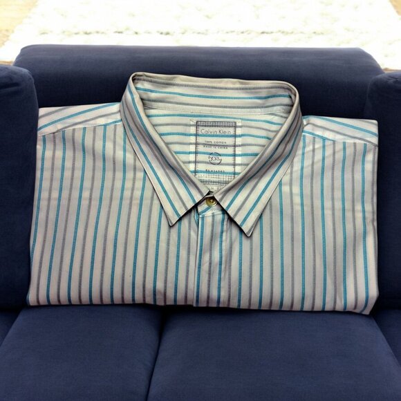 Calvin Klein White Striped Cotton Slim Fit Button Down Shirt - Picture 1 of 9